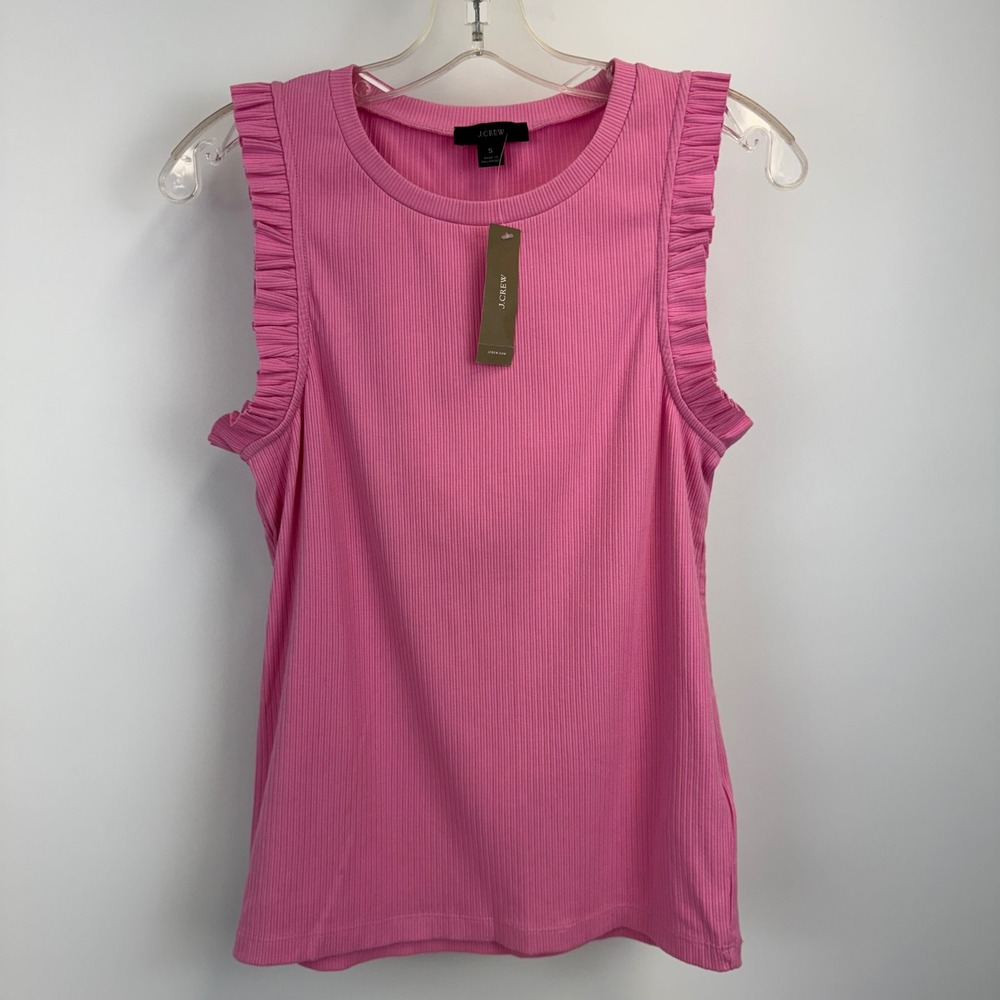 J.Crew Pink‎ Ruffle Trim Ribbed Tank Top AW137 Sleeveless Crew Neck Small NWT